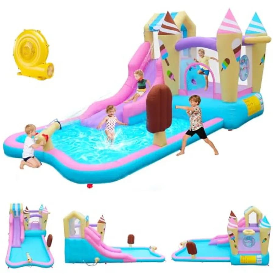 Scivolo d'Acqua Gonfiabile 8-in-1 con Parco Acquatico, Cannone ad Acqua, Parete da Arrampicata, Canestro da Basket, Piscina Splash e Caschetto Gelato