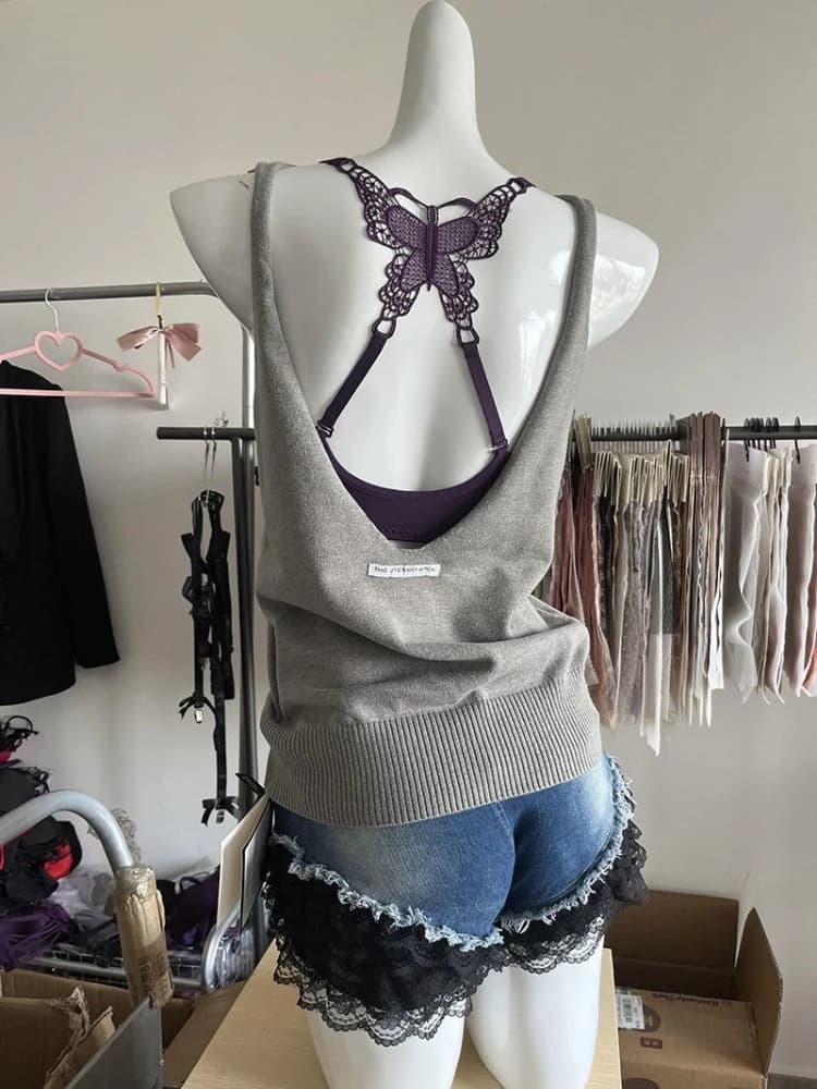 Completo due pezzi estivo da donna Y2K Harajuku senza schienale, stile Sweet Spice Girl, con top in maglia grigio casual slim fit e canotta in pizzo a farfalla
