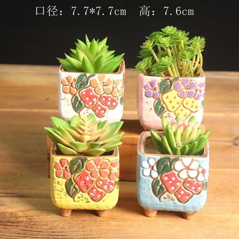 Korean Mini Hand Painted Ceramic Succulent Pot, Thumb Planter for Desktop Cactus, Home Office Decor
