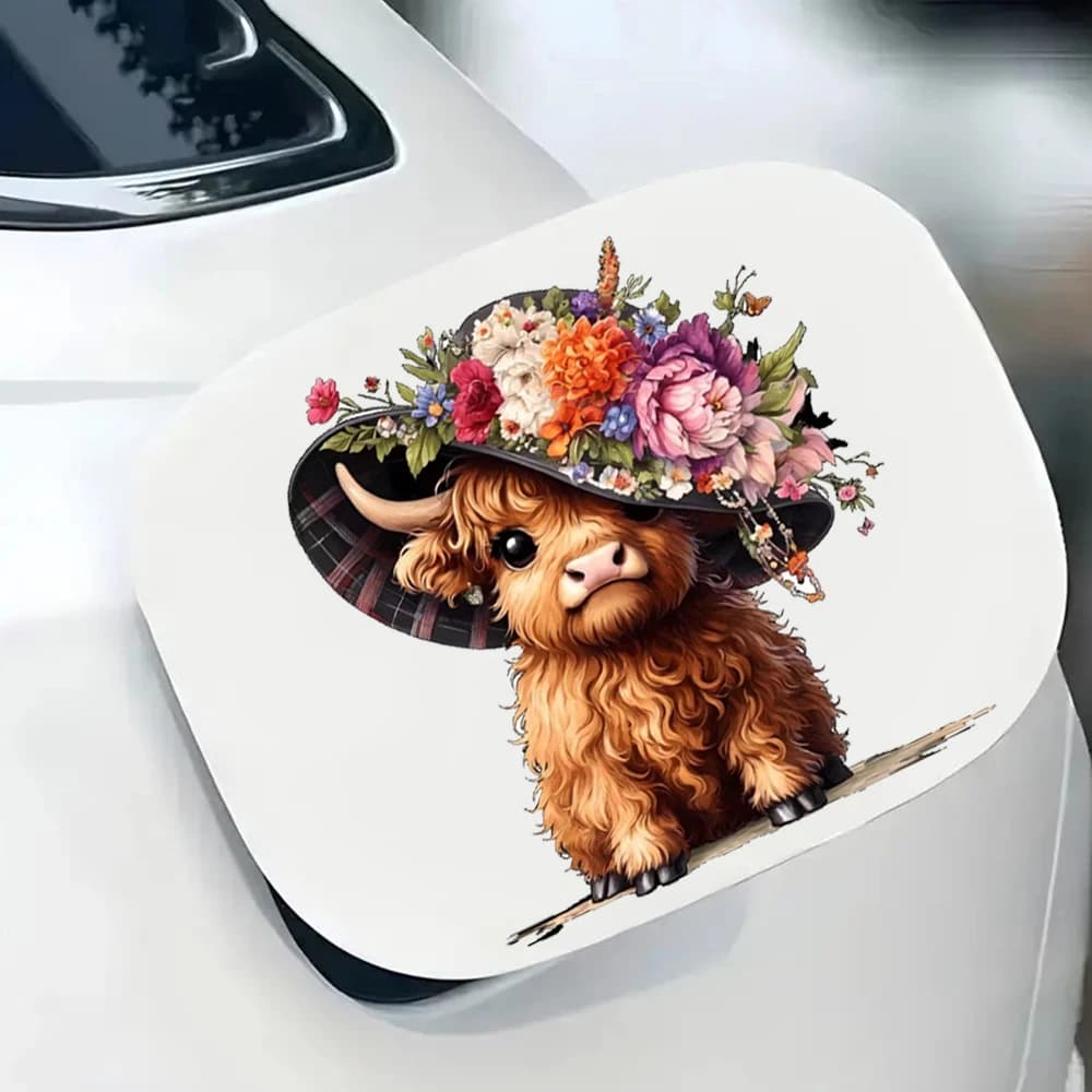 Adesivo decorativo impermeabile per auto con motivo floreale di una piccola mucca delle Highland, adatto per auto, laptop, paraurti, adesivo per finestre in vetro
