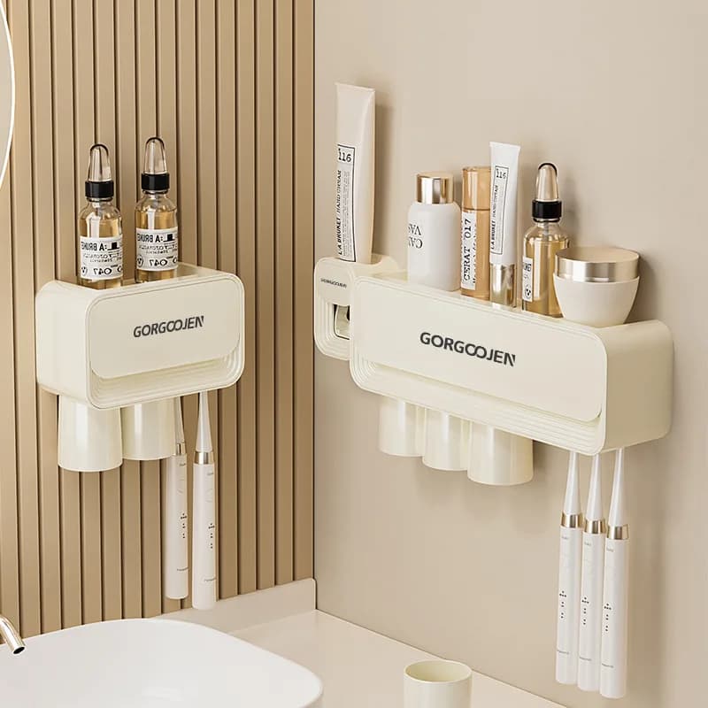 Set Porta Spazzolino e Dispenser Dentifricio Doppio con Spremitore Integrato, Senza Foratura, per Bagno