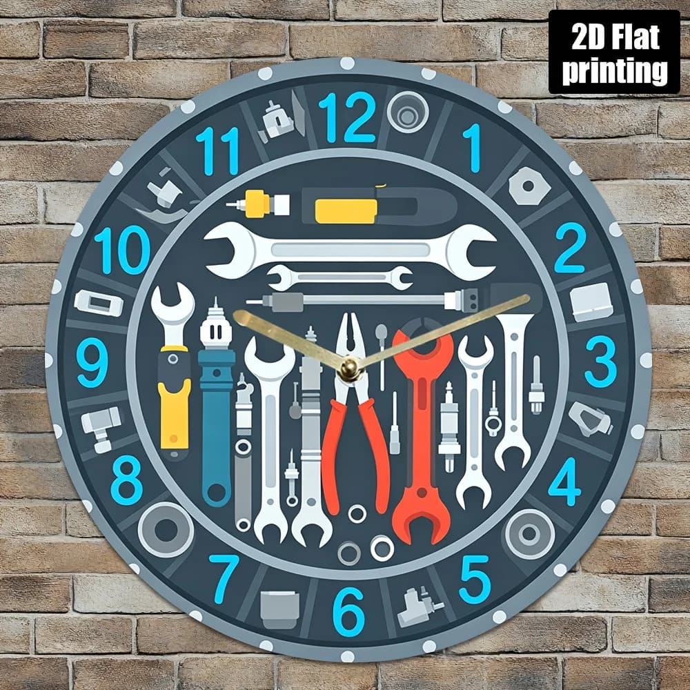 Orologio da Parete 2D Piatto in Acrilico con Design a Tema Attrezzi - Silenzioso, Superficie Piatta, Alimentato a Batterie AA, Facile da Leggere, Senza Ticchettio, Stile Rustico