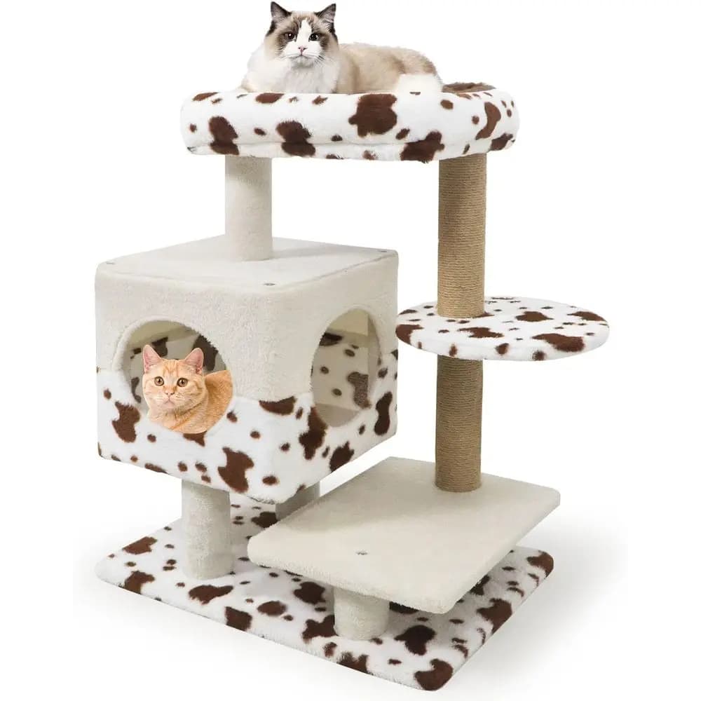 Torre per Gatti Compatta da 30 Pollici con Tiragraffi in Juta, Cuccia a 2 Porte, Soggiorno Imbottito, Piattaforme per Saltare, Design Stampa Mucca
