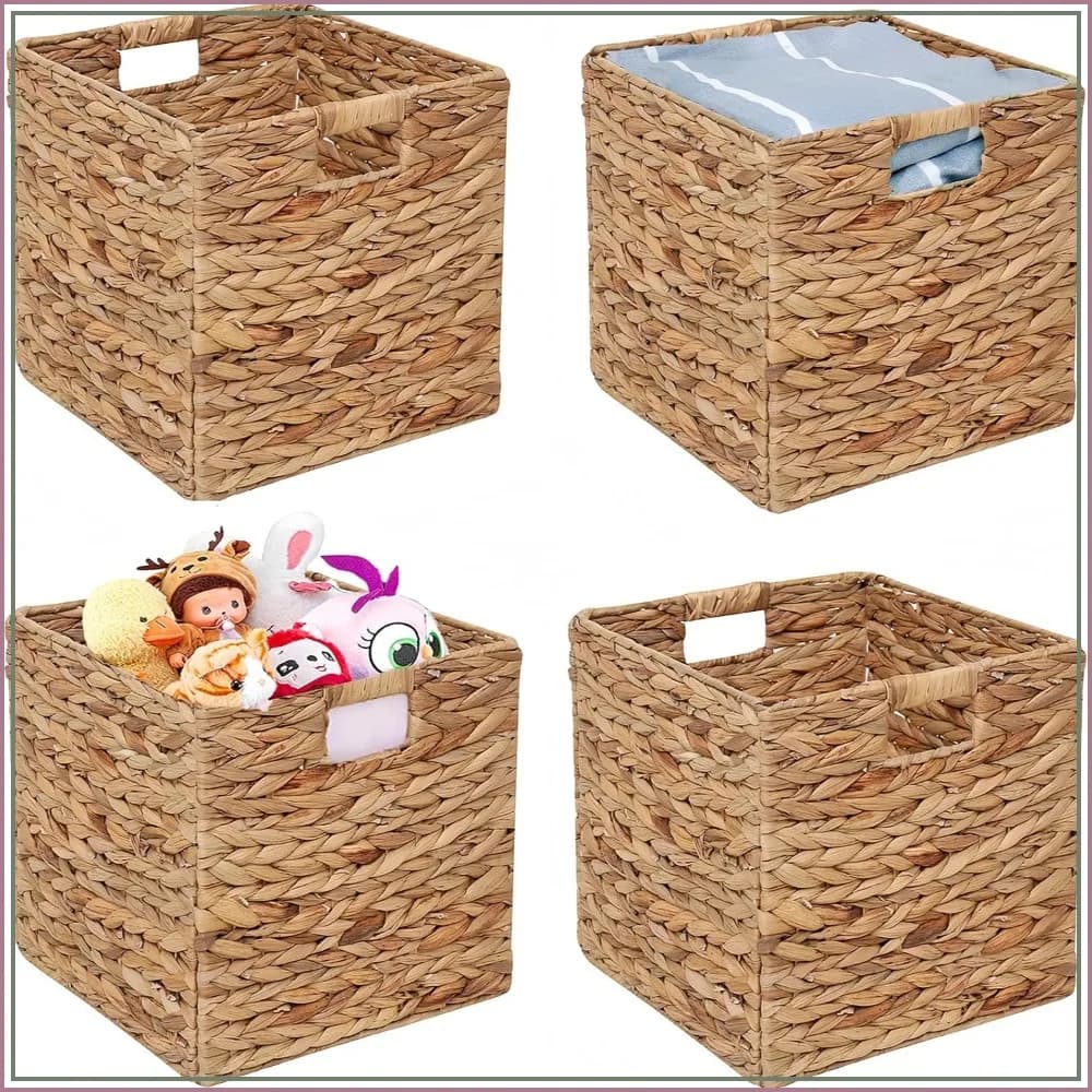 Foldable Water Hyacinth Storage Baskets 4-Pack, 11x11x11 inch Square Bins for Cube Shelf, Laundry Organizer