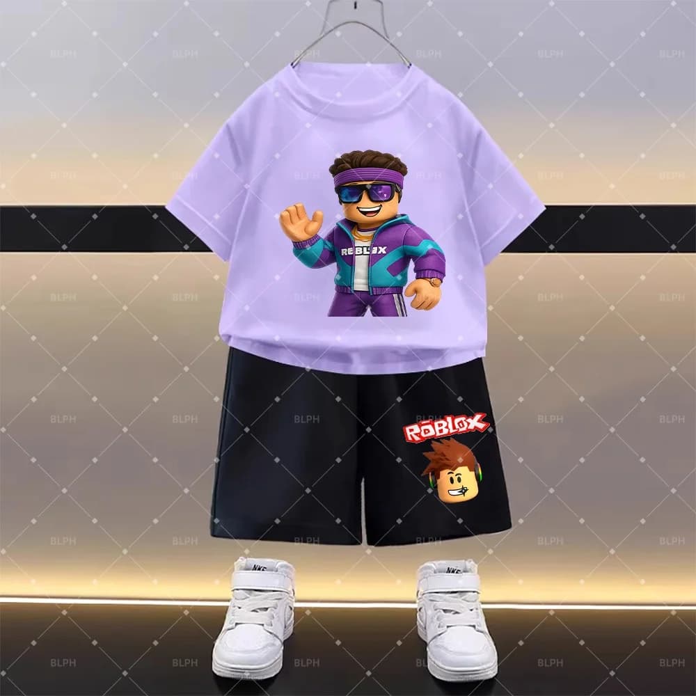 Elegante tuta per bambini a tema Roblox, giacca viola e verde acqua con pantaloni abbinati, perfetta per i giovani giocatori