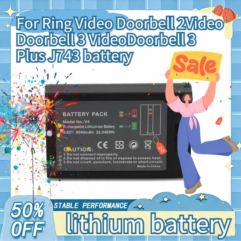 Batteria di Ricambio per Ring Video Doorbell 2, Video Doorbell 3, Video Doorbell 3 Plus J743, 3.65V 6040mAh, Lunga Durata