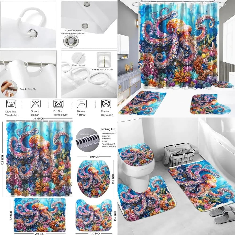 Set di tende da doccia nautiche colorate con design Kraken, corallo e animali marini per l'arredamento impermeabile del bagno