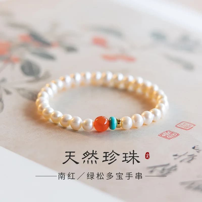 Bracciale da Donna con Perle Naturali d'Acqua Dolce, Madreperla, Agata Rossa del Sud e Turchese - Gioiello Elegante Vintage per Ogni Giorno, Idea Regalo