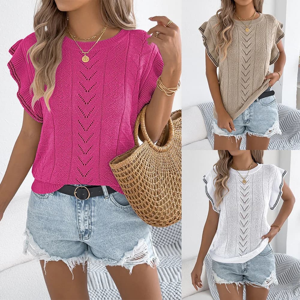 Chic 2026 Summer Sweaters Tops Women Tanks Casual Hollow Twist Contrasting Color Fungus Edge Knitted Sweater Vacation Top Y2K