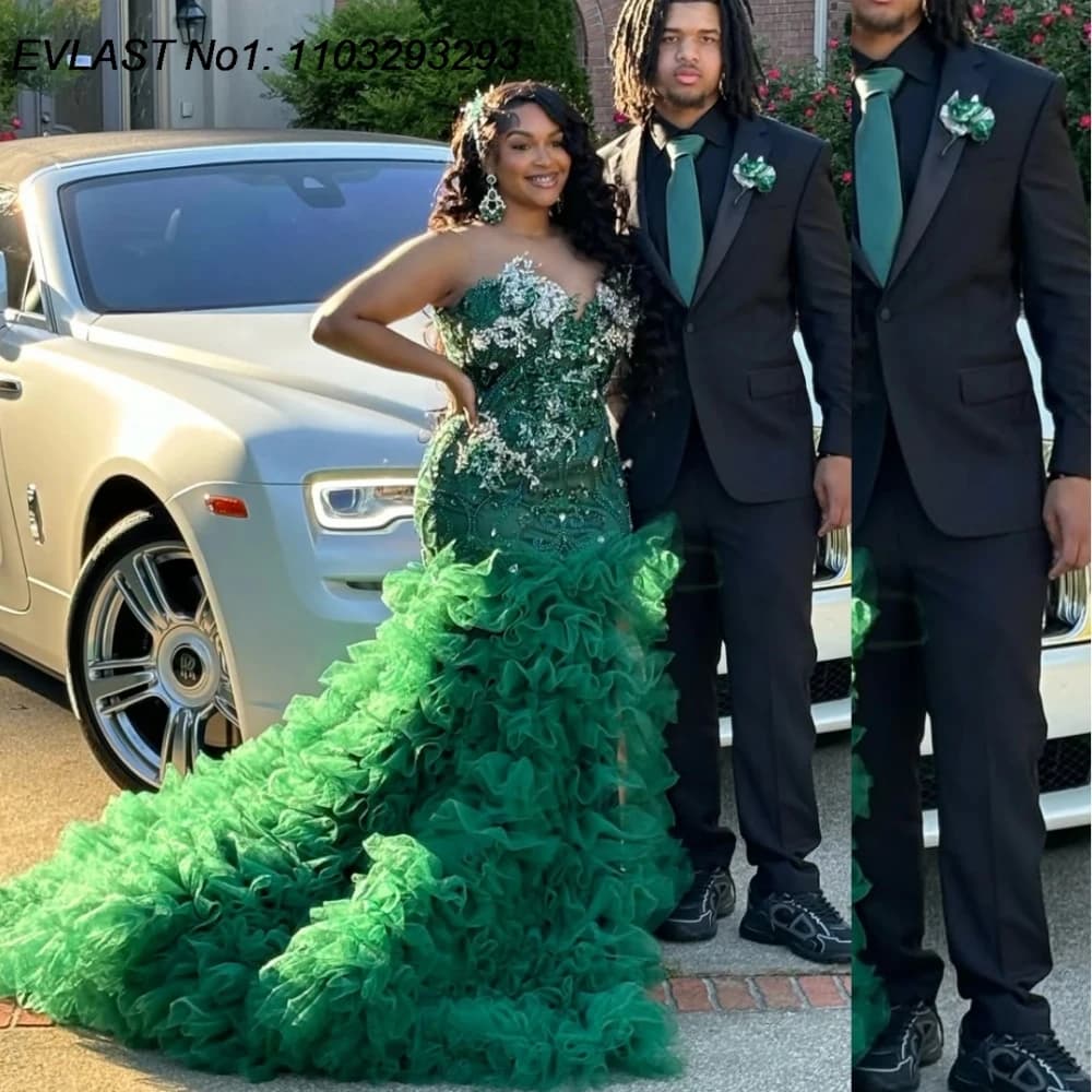 EVLAST Customized Sparkly Green Mermaid Prom Dress Aso Ebi Diamond Crystal Beaded Ruffles Black Girls Party Gown Gala Dress FP46