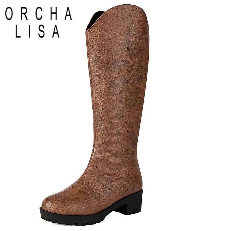 ORCHA LISA 2025 Fashion Women Knee High Boots Round Toe Block Heels 4.5cm Zipper Plus Size 41 42 43 44 45 46 Retro Riding Bota