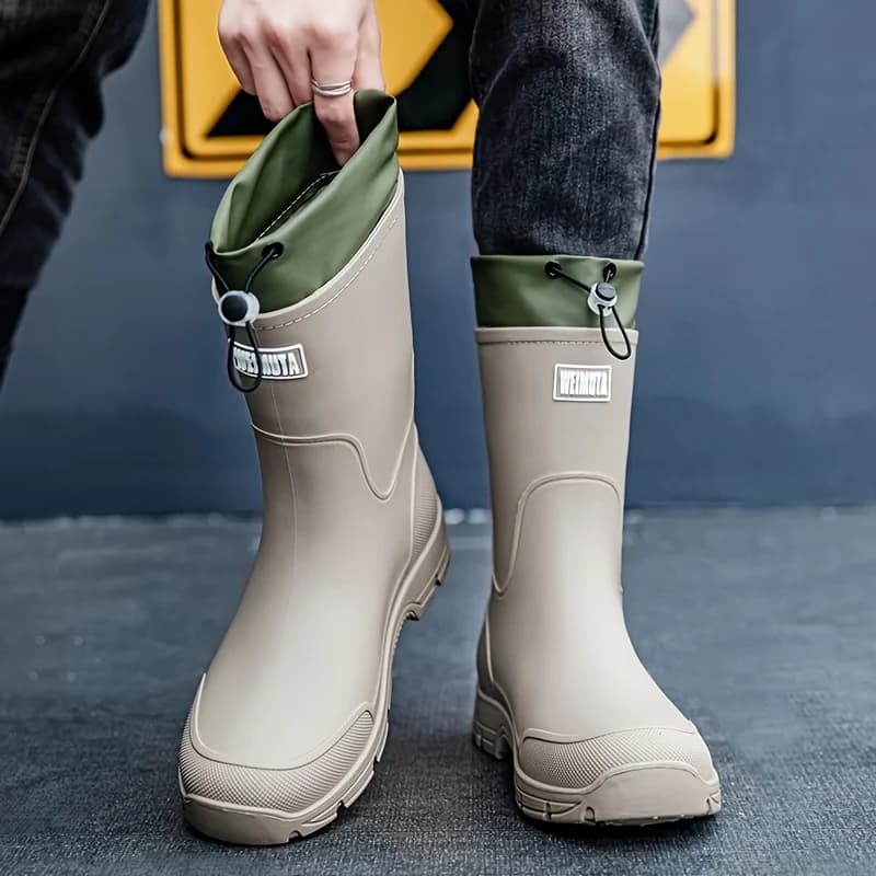 Men Waterproof Rain Boots Mid Calf Slip on Shoes Thick Sole Anti Slip Outdoor Garden Work Shoes Durable Plus Size Hiking Boots