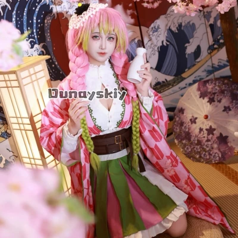 Kanroji Mitsuri Women's Cosplay Costume Set with Wig And Belt Anniversary Adult Anime Outfit for Halloween And Cosplay Events