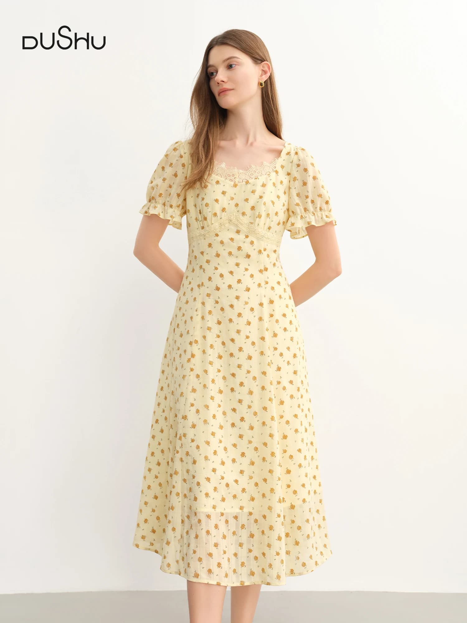 DUSHU Elegante su misura di media lunghezza Plus Size Abito floreale patchwork in pizzo francese da donna 2025 Nuovi abiti estivi 25DS82823