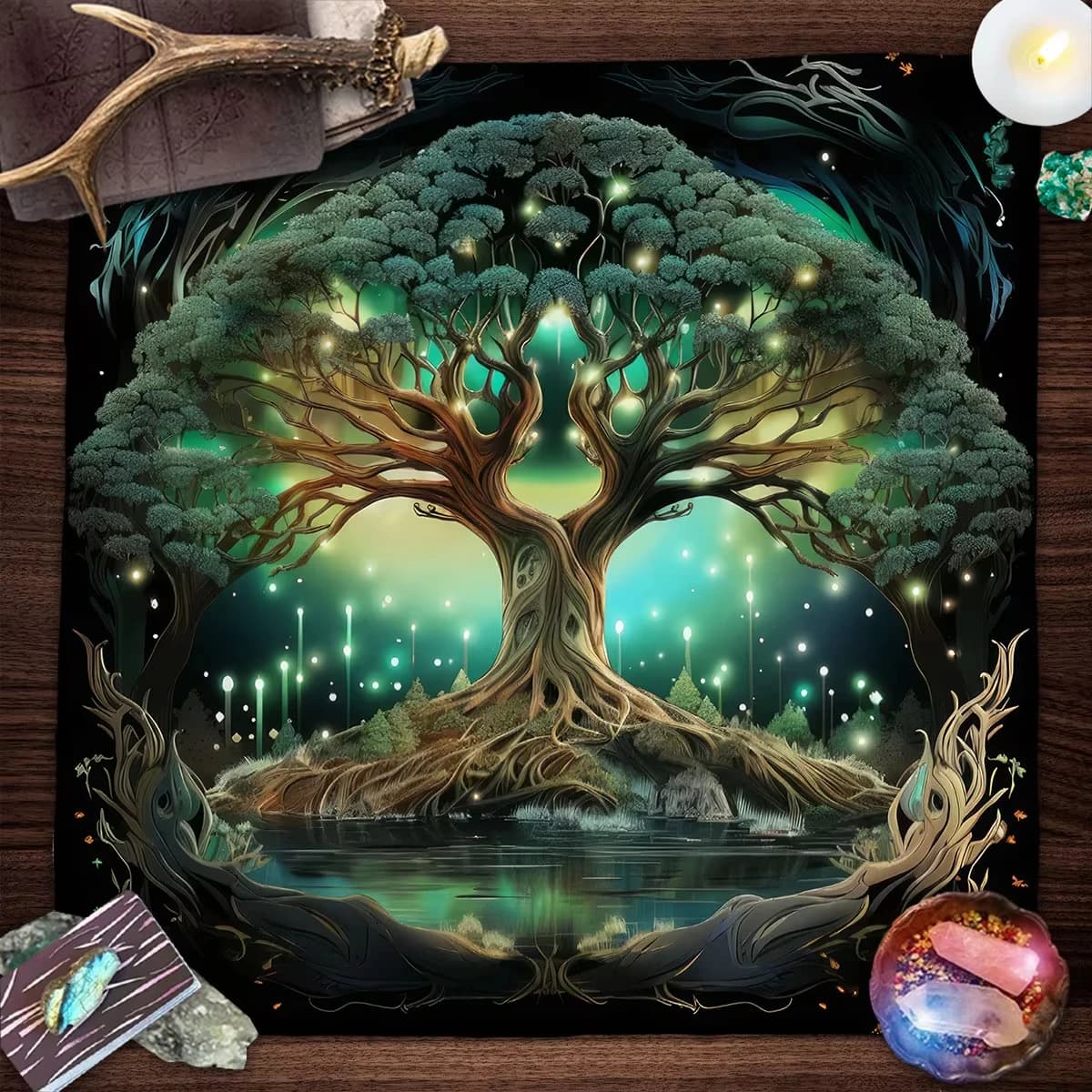 Tappetino per divinazione in tessuto per tarocchi dell'albero del mondo con tovaglia per altare con stampa di foresta e lago luminosi per carte dei tarocchi Rituale oracolo