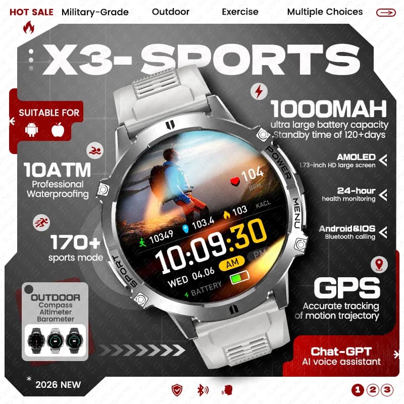 Nuovo Smartwatch Militare da Esterno con Batteria da 1000mAh, GPS Integrato, Altimetro, Impermeabile 10ATM, Chiamate BT, Display AMOLED HD per Uomo
