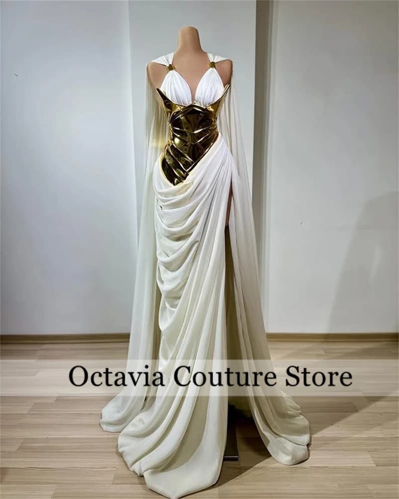 Abiti da sposa bianchi per donna Abito formale dal design dorato 2025 con mantella Abito da sposa con spacco alto Robe De Bal personalizzato