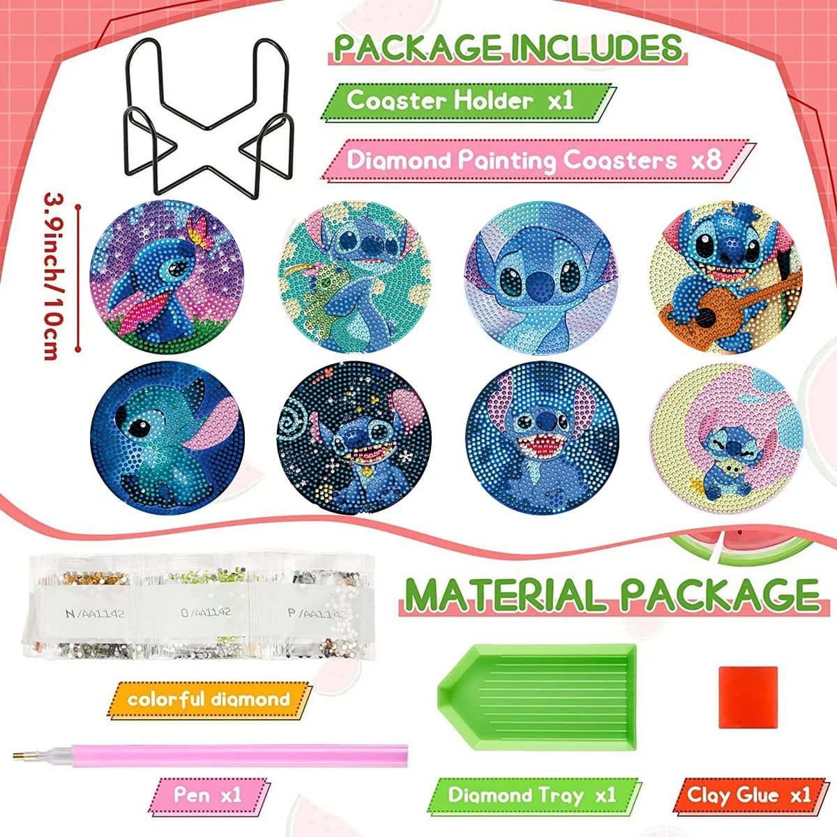 Hot Selling 8Pcs Stitch Diamond Painting Coasters Kit, 5D DIY Lilo & Stitch Diamond Art Coasters with Holder, Cute Cartoon Cup M