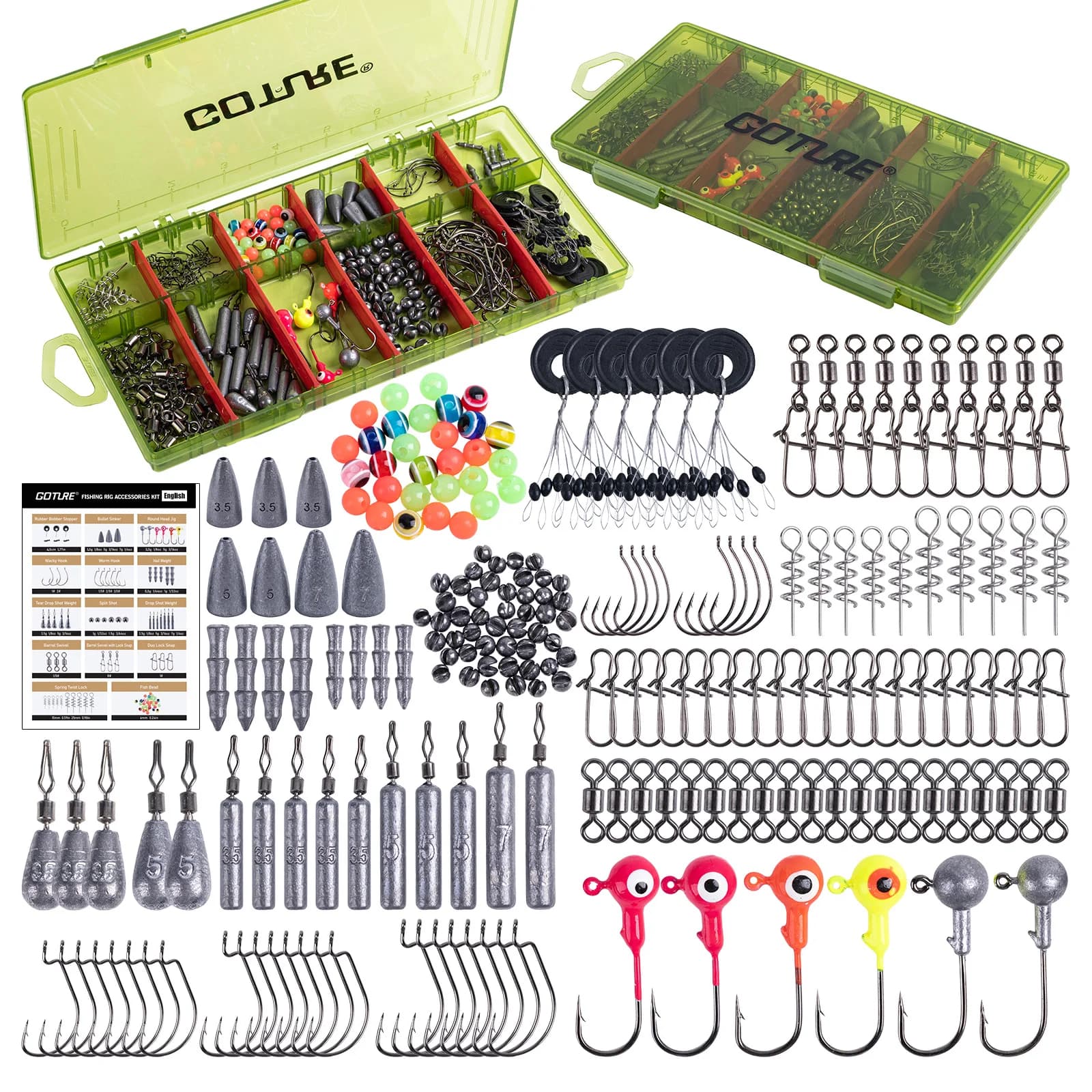Kit di Attrezzatura da Pesca Goture 215 Pezzi con Scatola Portaoggetti - Ami, Piombi, Girelle, Perline per Pesca in Acqua Dolce e Salata, Accessori per Bass e Trota