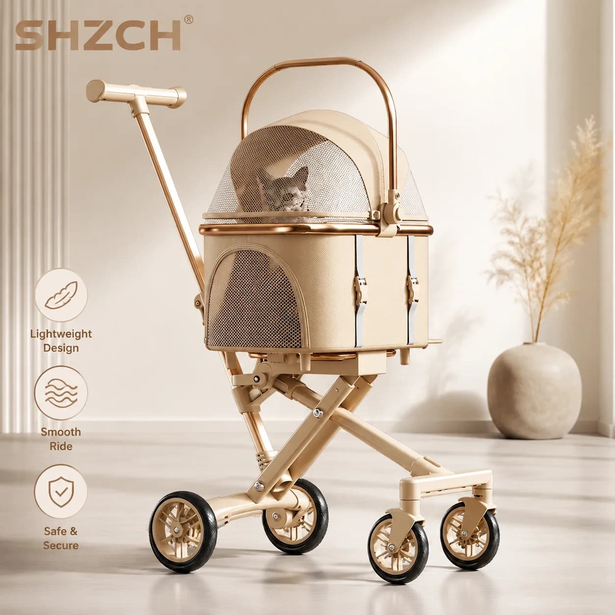 ‌Premium Foldable Pet Stroller, Removable Basket Dog Carrier, Breathable Cat Handcart, All-Terrain Puppy Walker‌