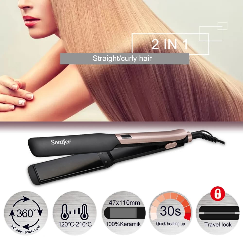 Hair Straightener Sonifer SF-9575 75W Wide Plate Ceramic Flat Iron LED Display 4 Temperature 120-210℃ Fast Heating for Home
