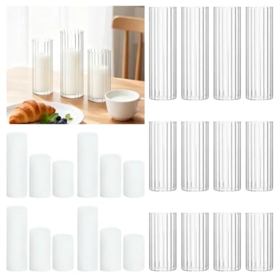 Candele a pilastro bianche PCS 2" x 3, 4, con vasi cilindrici in vetro scanalato (2). x5,,8), Portacandele in vetro Hurricane, Candela senza gocciolamento