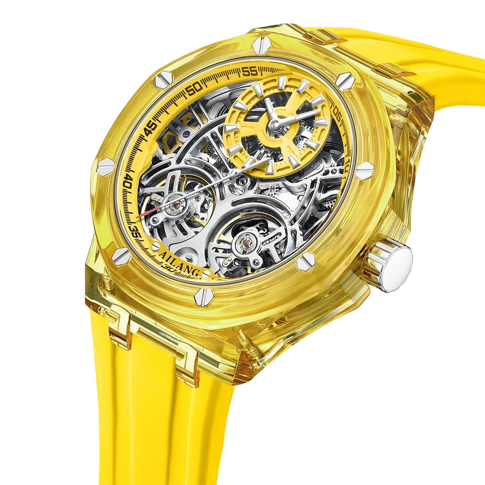 Orologio da uomo di lusso con design doppio tourbillon Cassa trasparente gialla Orologio meccanico automatico da uomo in gomma stile moda per il tempo libero