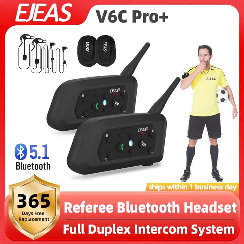 EJEAS V6C Pro Interfono Professionale per Arbitri di Calcio, Auricolare Bluetooth 5.1 per Bicicletta, Batteria 850mAh, Riduzione del Rumore CVC