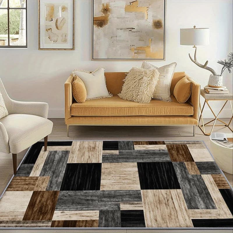 Tappeto Moderno VIKAMA con Motivo Geometrico Effetto Legno, Antiscivolo e Lavabile, Marrone Grigio, Stampa a Blocchi, per Soggiorno, Camera da Letto, Casa