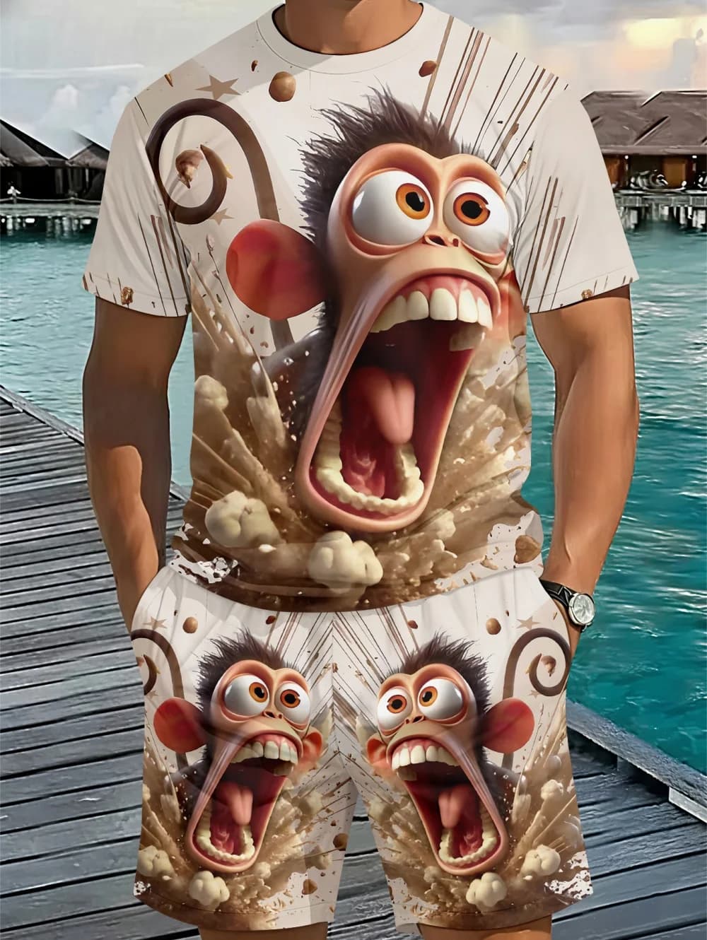 New Casual Men's New 3D Print Funny Monkey Male Set Short Sleeve T-Shirt and Shorts Suit Oversized Summer Outfits Y2k Man Set