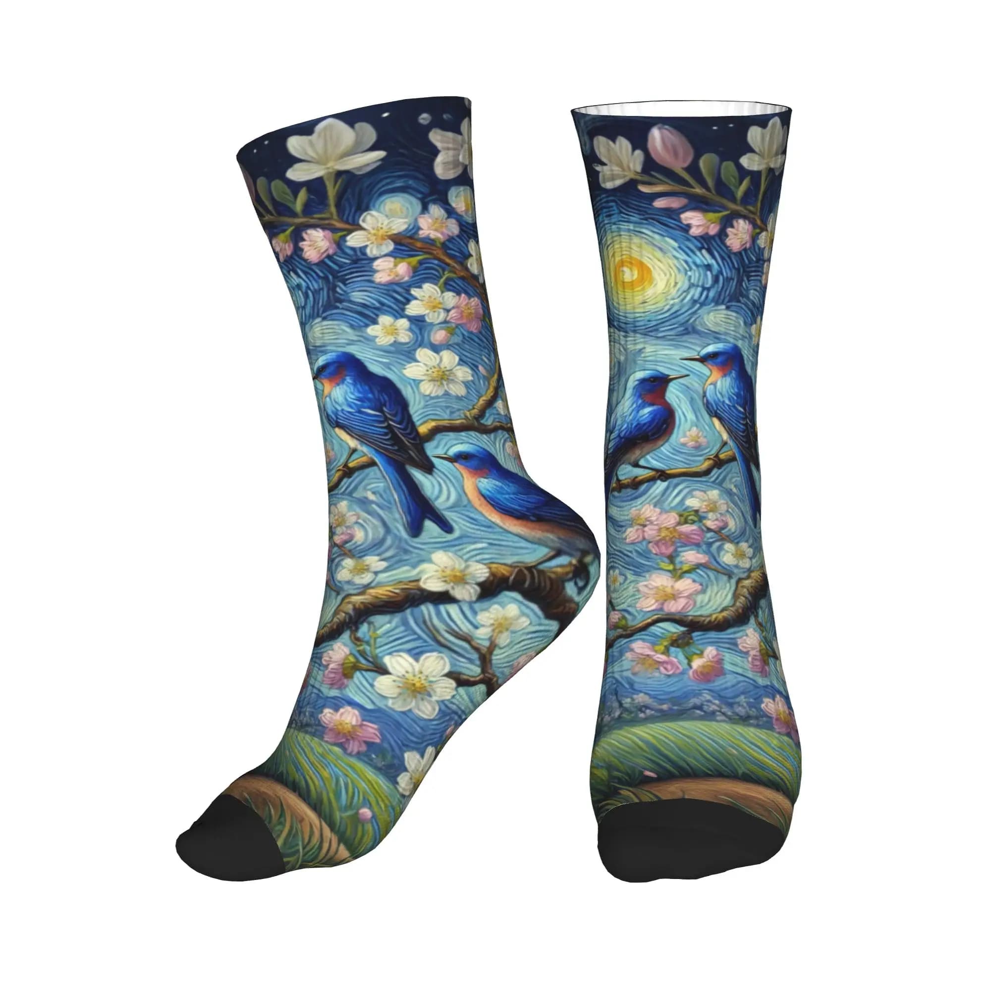Funny Printing Starry Night Blue Songbirds Magnolia Floral Socks for Women Men Stretch Summer Autumn Winter Crew Socks