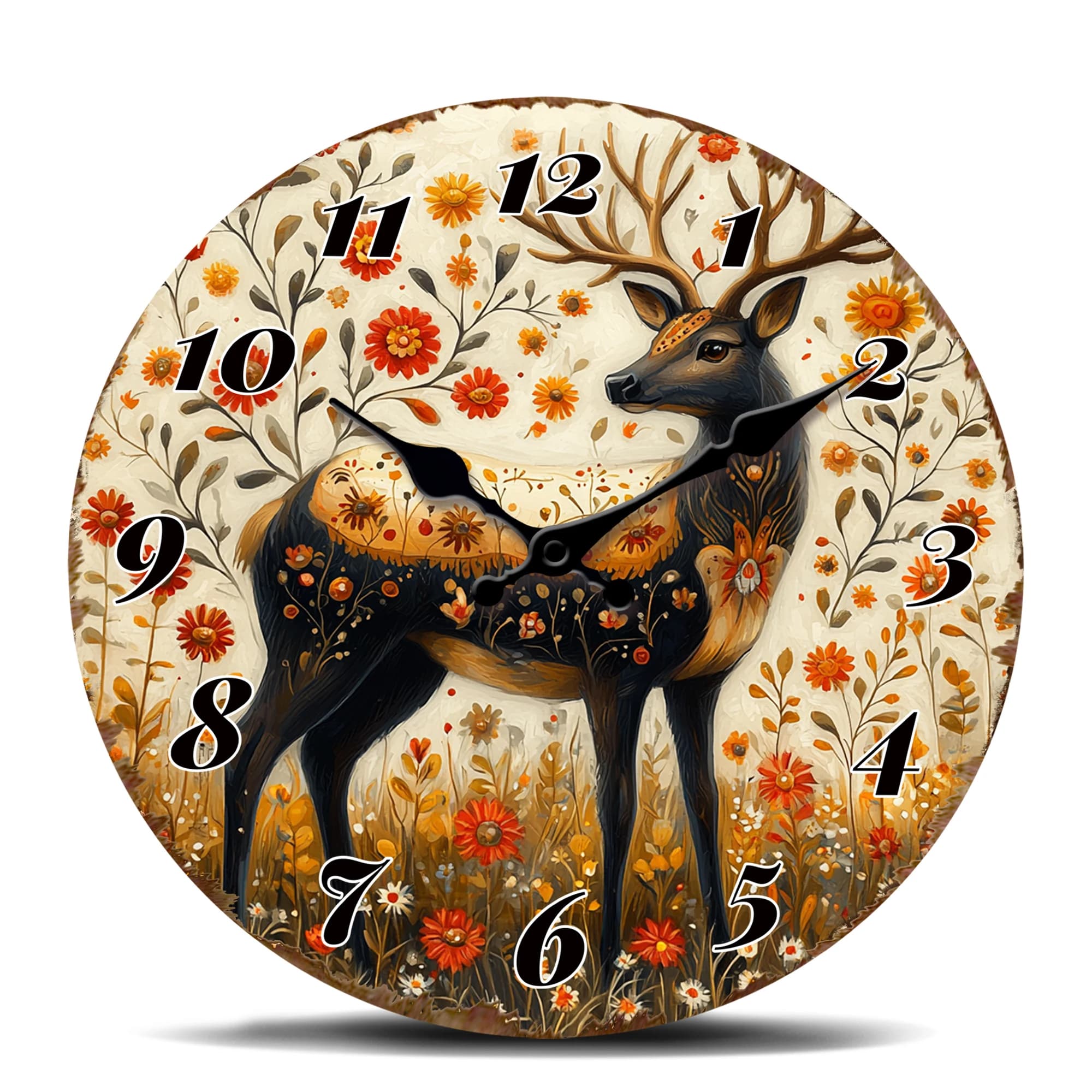 Decorative wall clock with deer in a floral field - Round watch with ornamental animal design for home decor, silent movement without ticking