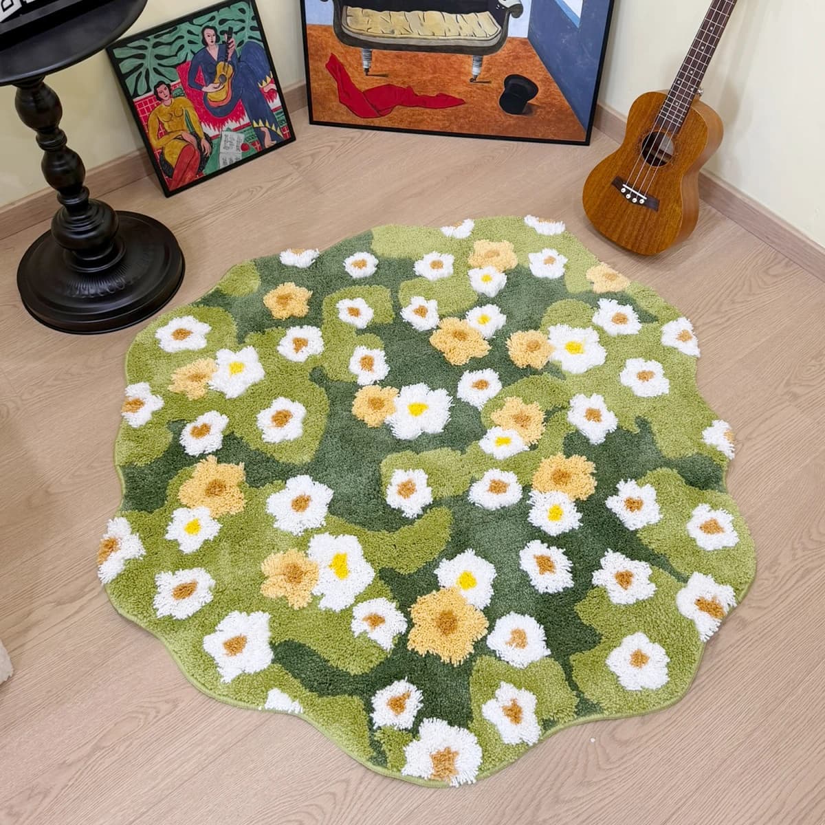 Tappeto trapuntato Green Meadow Daisy, motivo floreale bianco e giallo, tappetino irregolare, tappeto morbido antiscivolo per camera da letto, casa