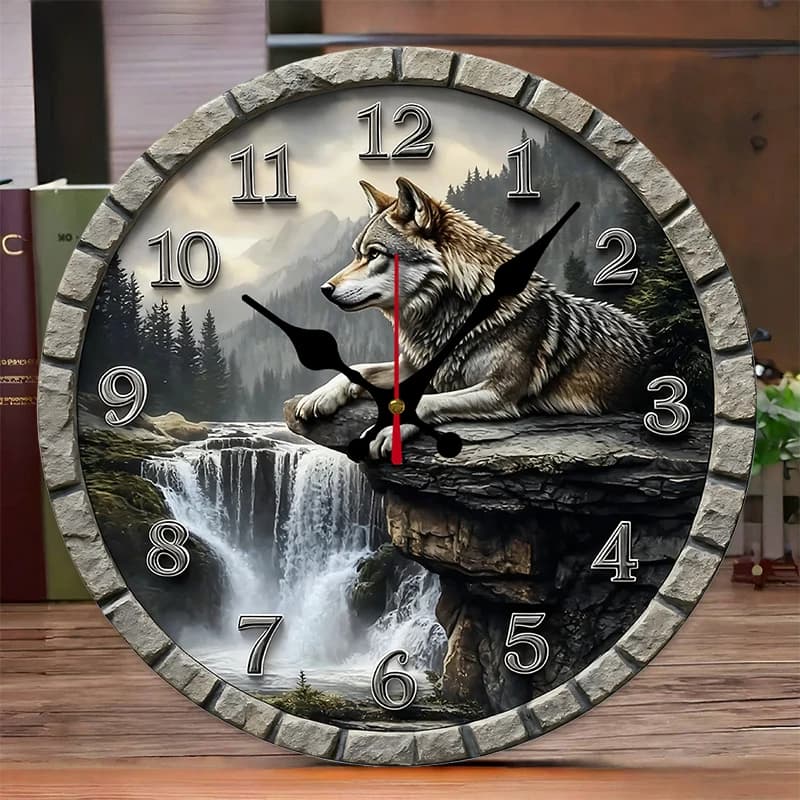 Wooden Round Silent Wall Clock The wolf on the cliff, suitable for living room, office, study room, bedroom, home decoration
