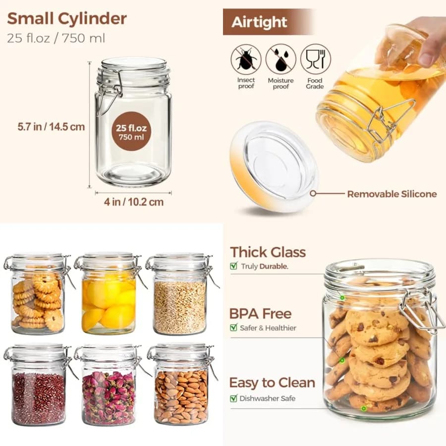 Set di 6 Barattoli in Vetro da 25oz con Coperchi, Contenitori per Preparazione Pasti e Conservazione, per Overnight Oats, Insalate, Fermentazione e Pi