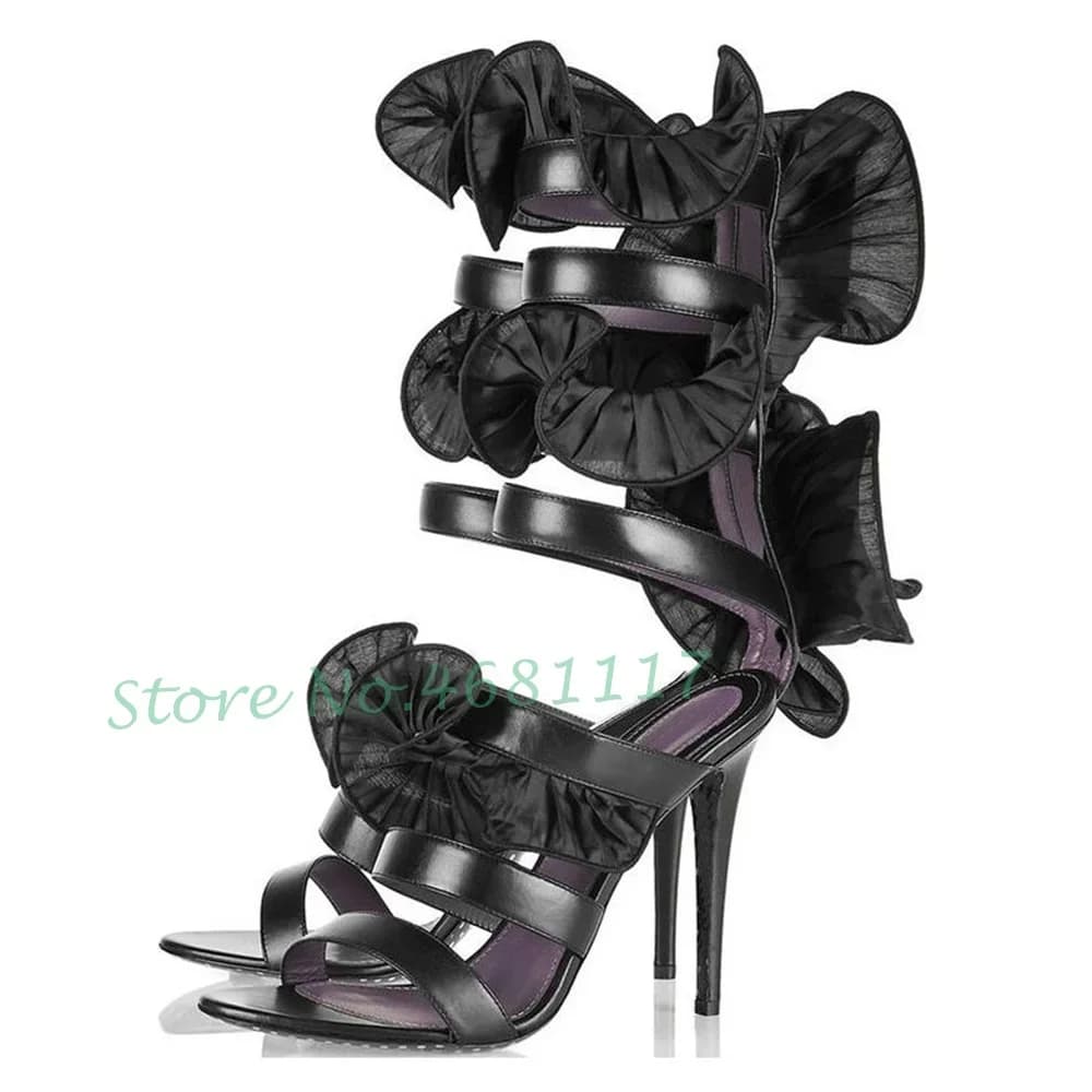 Black Volant Strap High Heels Sandals Women's Walkway New Women's Elegant Shoes Summer Strappy Elegant Party Sandals With Roman Heel