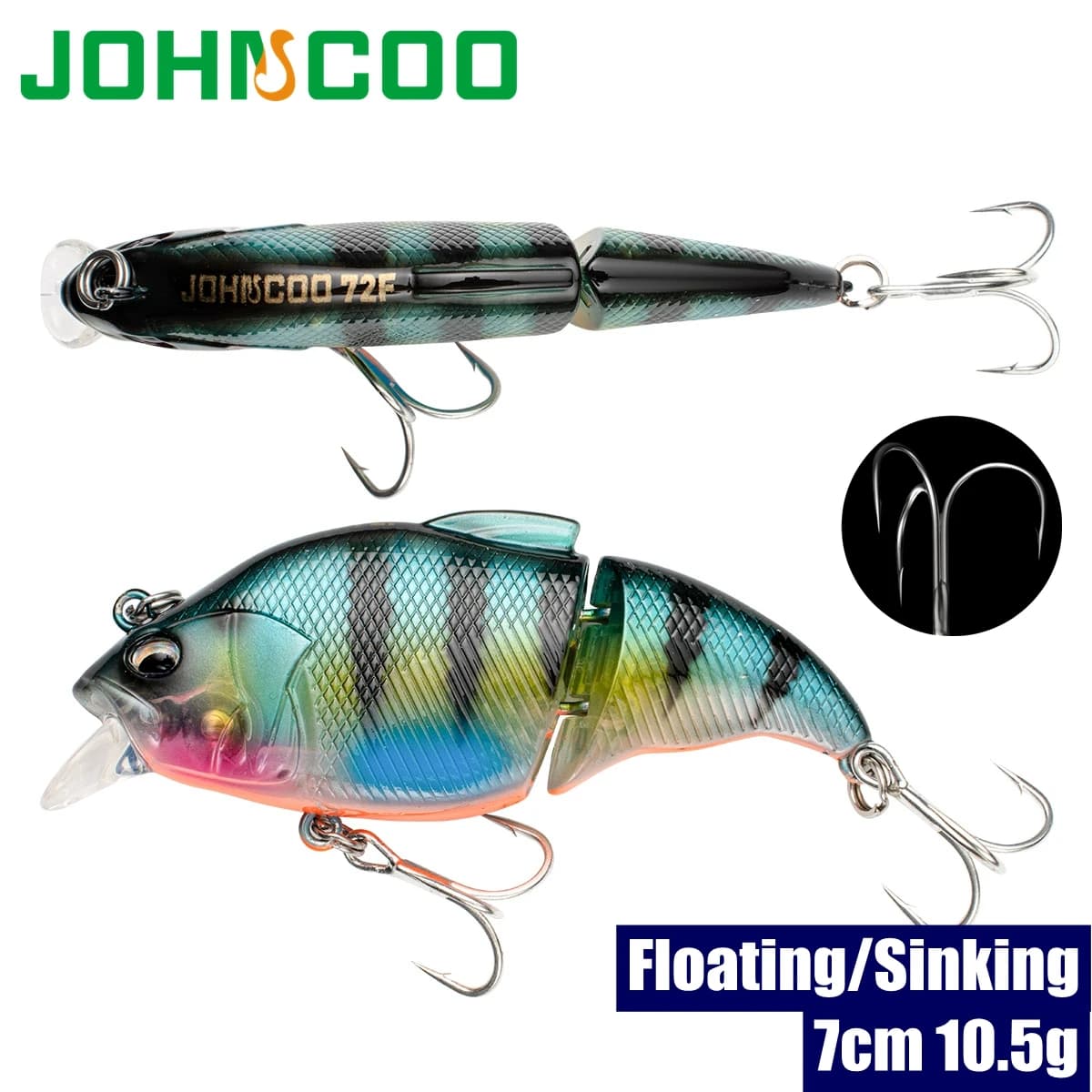 Esca da Pesca Johncoo, Swimbait Articolato 7cm 10.5g, 2 Sezioni, Esca Dura Artificiale Realistica in Plastica con Ami Affilati