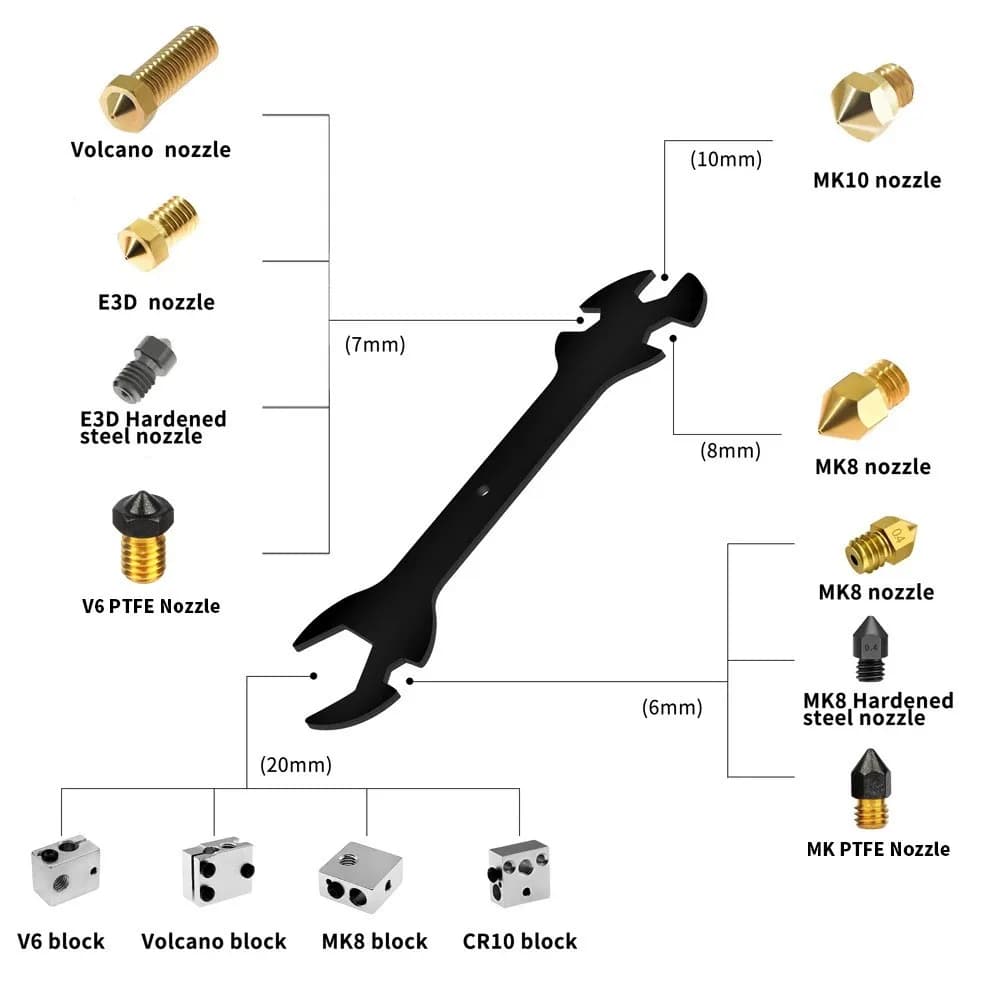 3D Printer Accessories Ugello E3D Printer Head Key MK8 Multifunction Key Nozzle Repair Tool 5 in 1