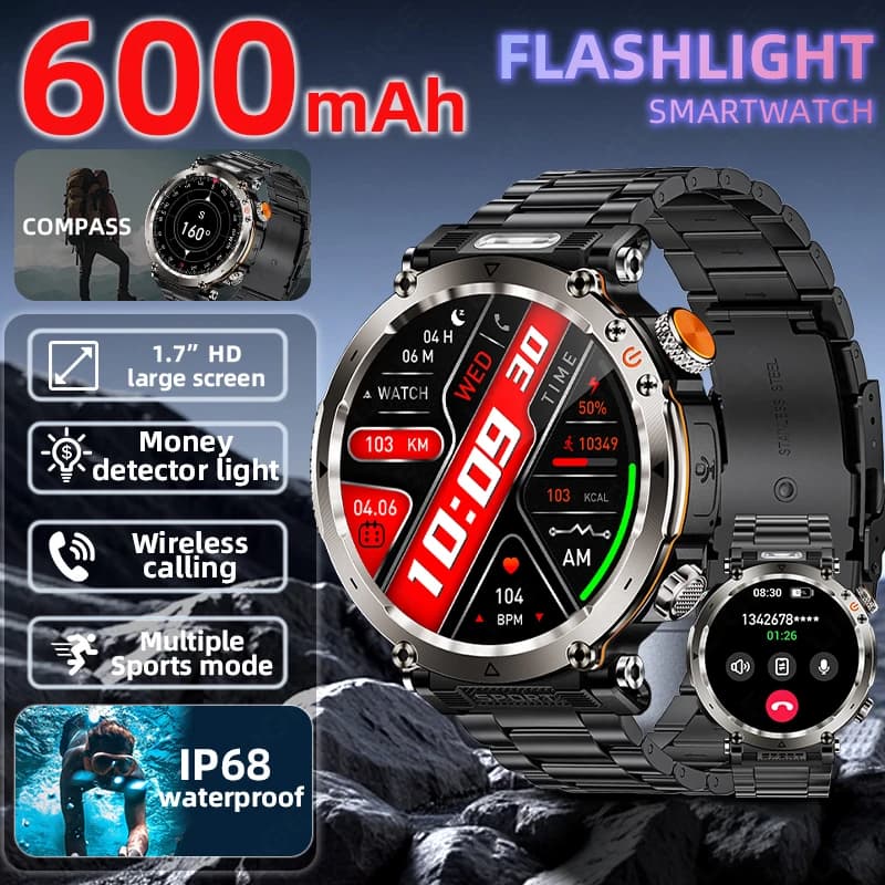 LIGE New Smartwatch for Men with Compass, Bluetooth Call, Cardiofrequencymetro, IP68, Sportivo, 2026, 600mAh, LED Flashlight