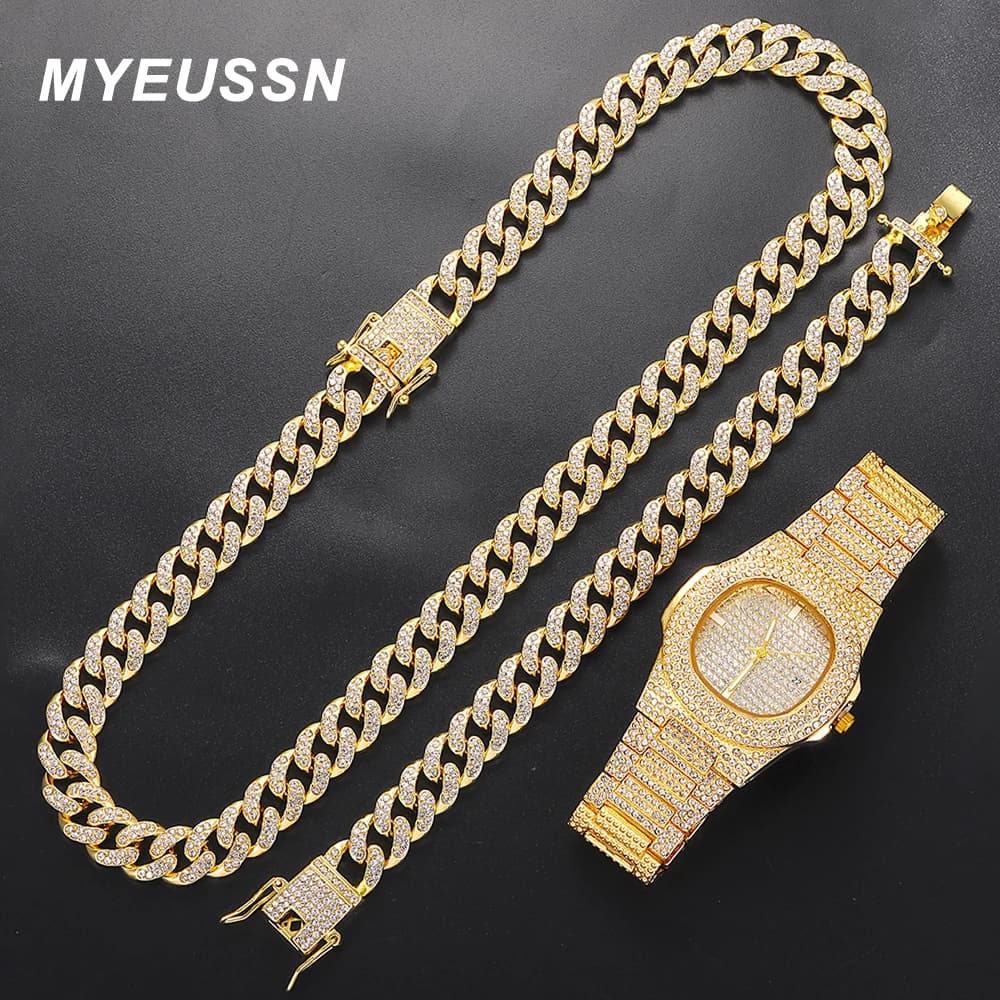Iced Out Watch 3PCS Hip Hop Luxury Watches Set di gioielli Mens Women Watch collana bracciale Bling Cuban Link Chain Choker Gift