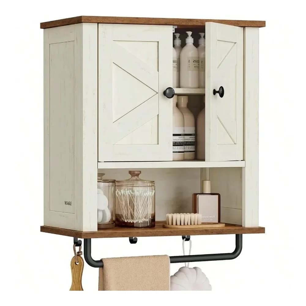 Armadietto da parete per bagno, mobiletto porta medicinali da parete in stile rustico con 2 ante scorrevoli, ripiano regolabile, portasciugamani, 9x 18.1x