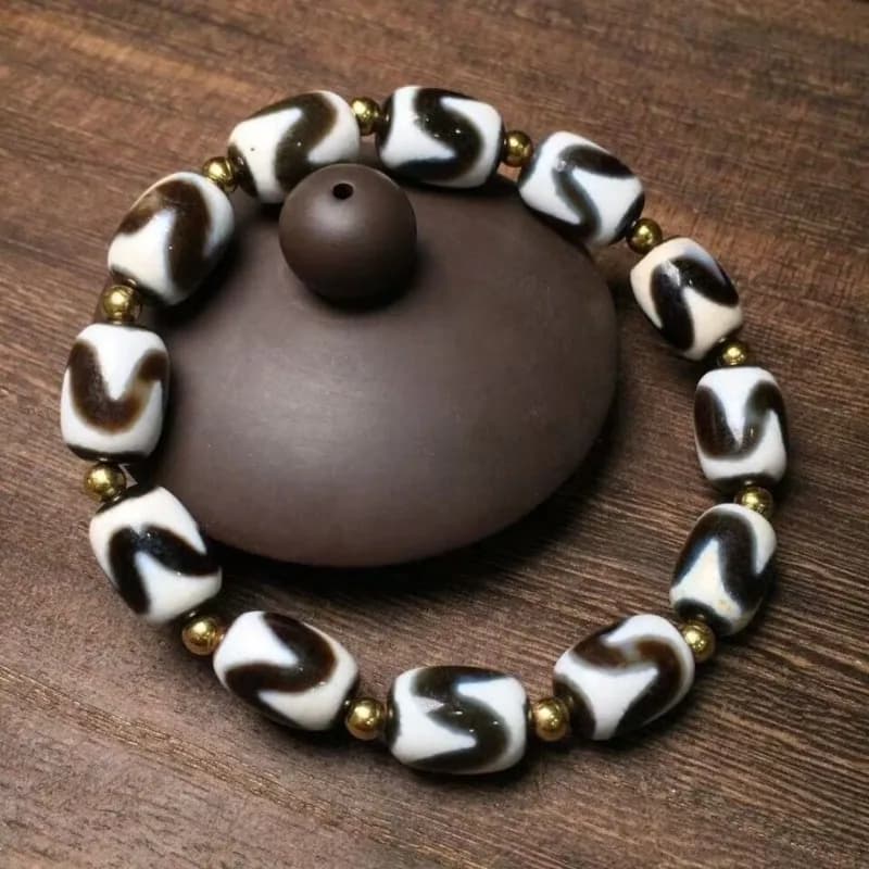 Tiger Pattern, Tiger Tooth, Dzi Bead, Bucket Bead, Bead Bracelet, Tortoise Shell, Longevity Pattern Bracelet, Men's