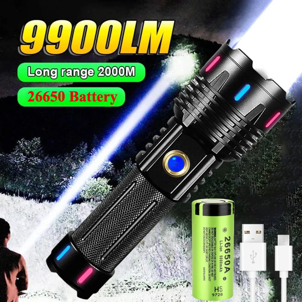 Potente torcia ultra luminosa a lungo raggio di tipo C ricaricabile 5 modalità di luce Lampada manuale portatile per escursioni in campeggio all'aperto