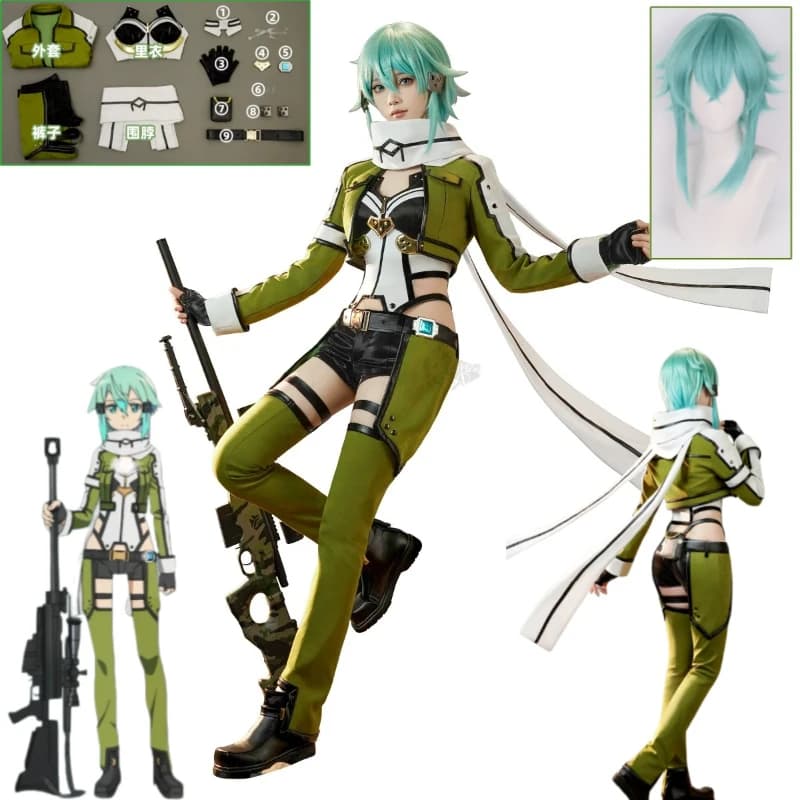 Costume Cosplay SAO Sword Art Online GGO Sinon, Giacca Nera con Cappuccio, Cintura Utilitaria, Ginocchiere e Set di Borse per Donne, per Feste di Halloween