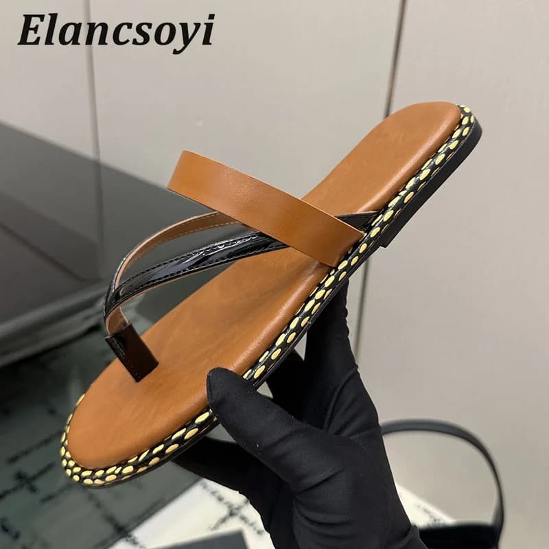 Flip Flops Women Split Toe Slippers Genuine Leather Mixed Color Flat Sole Sandals Summer Slides Outdoor Vacation Beach Shoes