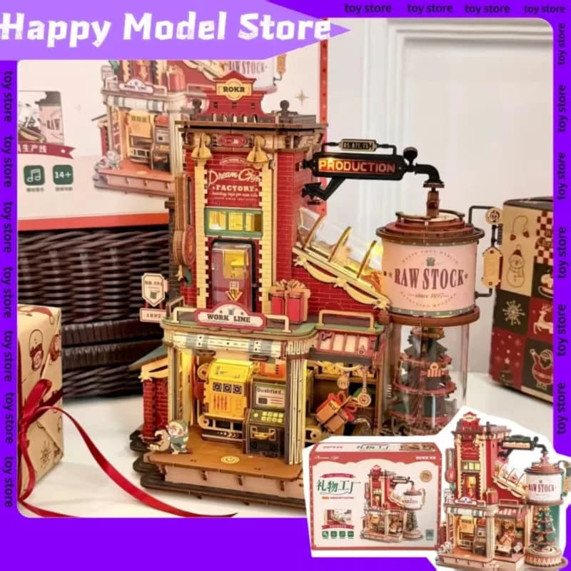 In Stock DIY Wood Retro Assemble The Cabin Gift Factory Mechanical Transmission Model With Lights Handicraft Assembly Gift Box