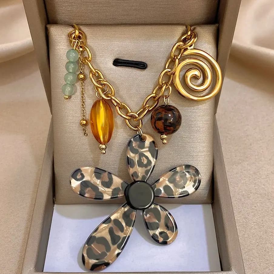 Stainless Steel Exaggerated Leopard Large Flower Pendant Necklace For Women Statement Gold Color Thick Chain Jewelry Party Gift