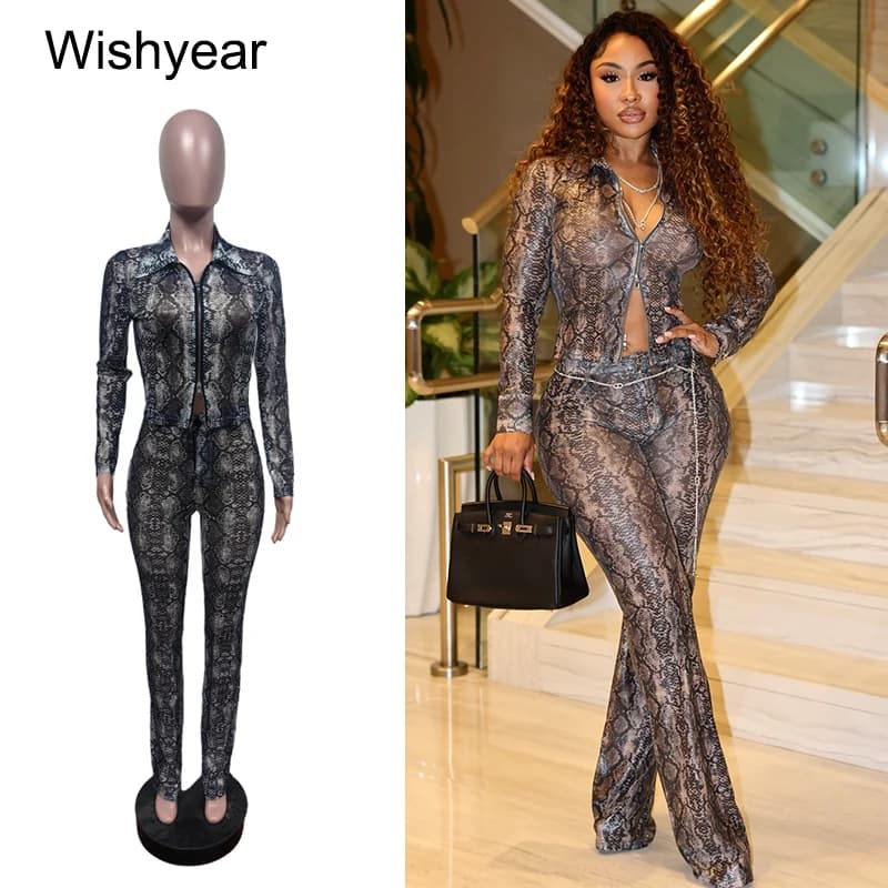 Sexy Night Club Snake Pattern 2 Pieces Women Set Full Sleeve Crop Tops and Pants Clubwear Skinny Midnight Party Outfits Y2K