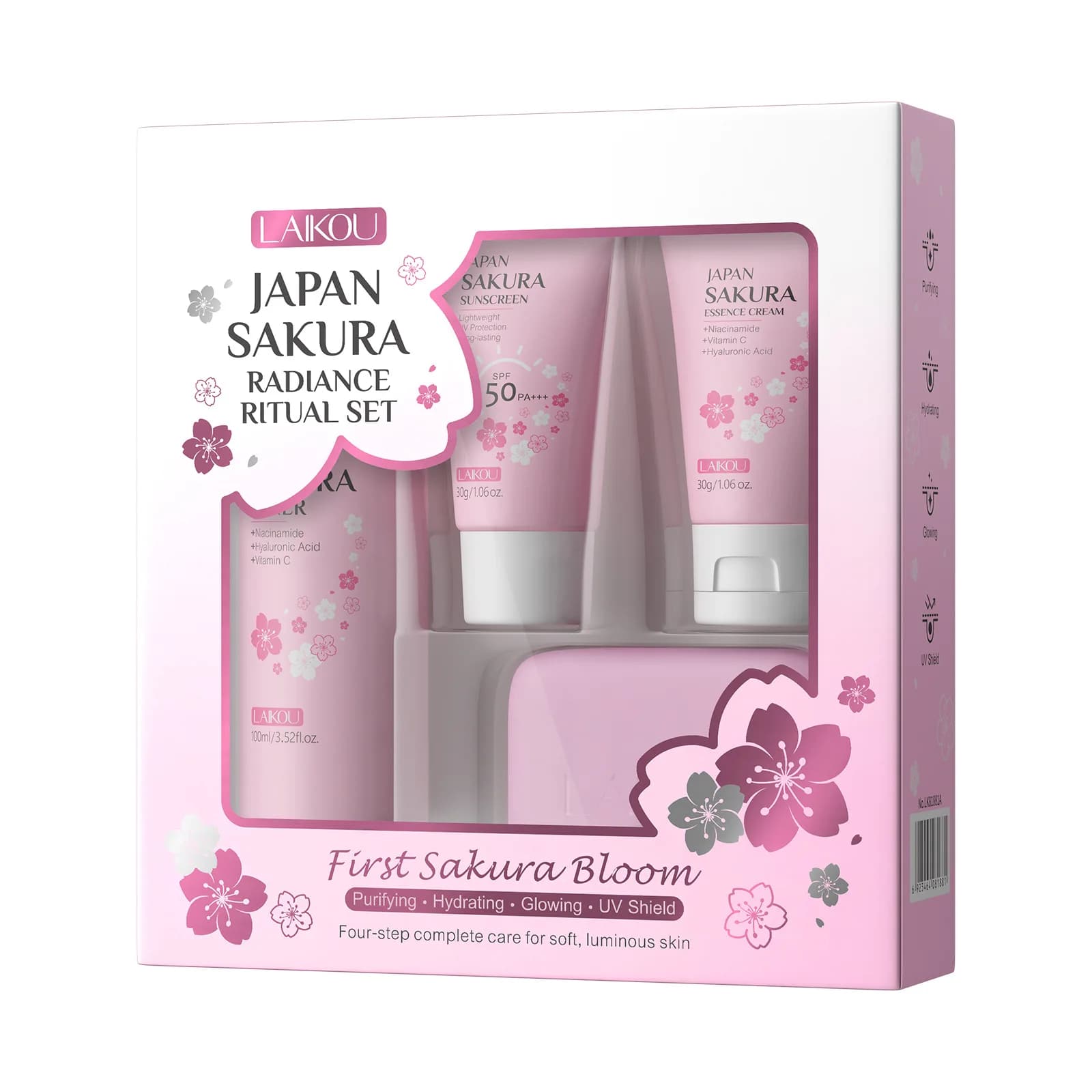 LAIKOU Sakura Set Skincare 4 Pezzi Kit per la Cura del Viso Illuminante con Sapone, Tonico, Crema e Protezione Solare, Routine Quotidiana Completa 100ml+50ml+30g