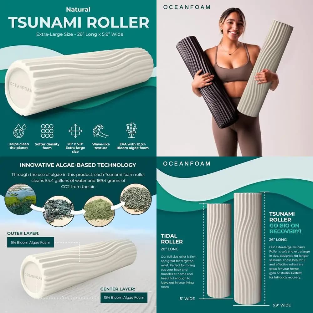 Tsunami Roller (Naturale) - Extra-Large, 26" x 5.9" - Soft and textured foam roller for physiotherapy, back pain, exercise and stretching